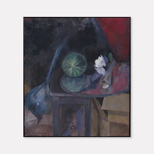 The artwork 'Still Life with Melon' by Peter Colquhoun features a moody composition with a green striped melon and delicate white flowers arranged on a dark table against a dramatic red and black background. The oil painting on linen showcases rich textural brushwork and a contemplative play of light and shadow in modernist style.