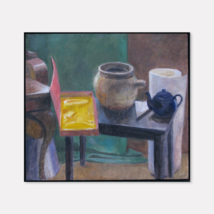 Still Life with Red Box by Peter Colquhoun depicts a moody composition featuring a vibrant yellow-red box alongside earthenware pottery and teaware on a dark table. An earthy brown teapot and navy blue miniature teapot contrast against a muted teal-green background, painted with expressive brushstrokes in oil on linen. By Peter Colquhoun.