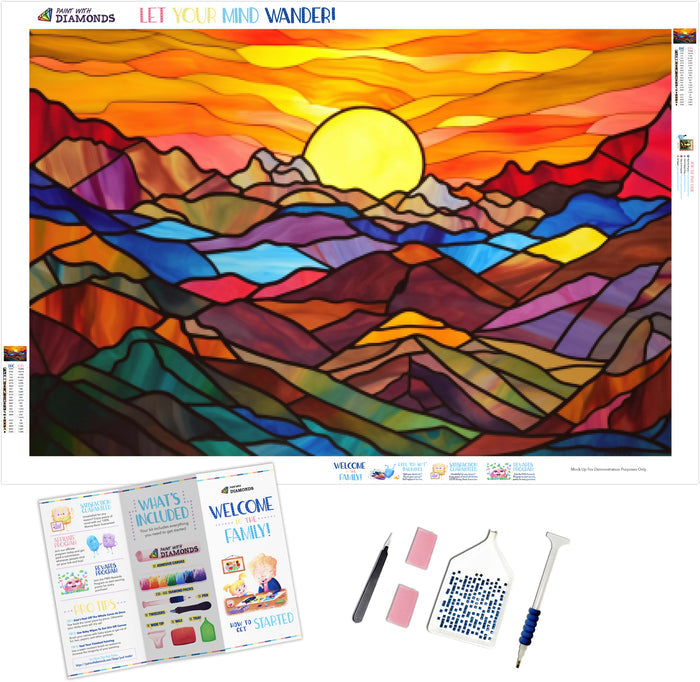 Sunset Over Mountains Stained Glass