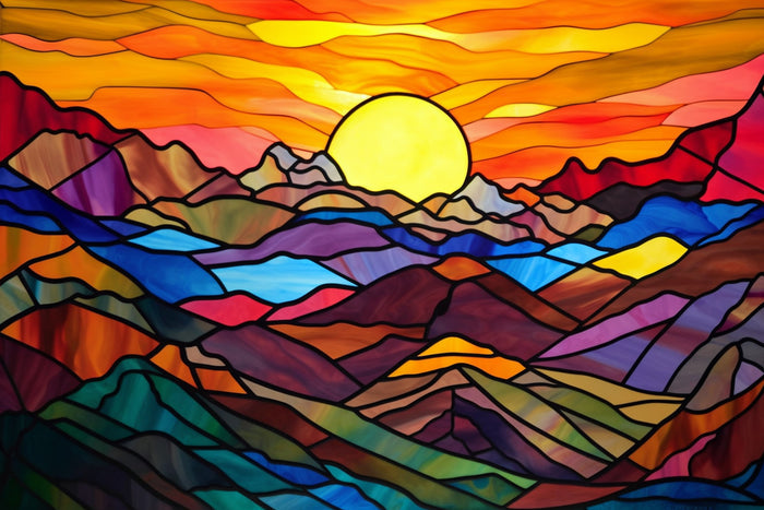 Sunset Over Mountains Stained Glass