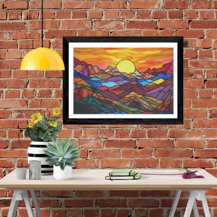Sunset Over Mountains Stained Glass