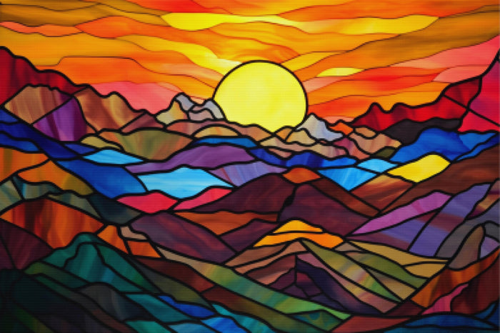 Sunset Over Mountains Stained Glass