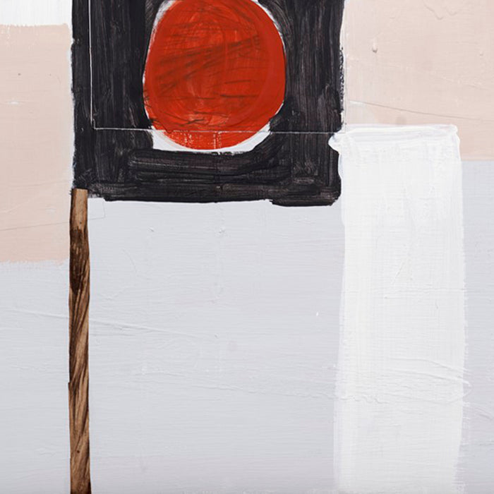 The artwork 'The Other Side of Things #2' by Petra Nimtz features a minimalist abstract composition with a bold red circle enclosed in a black rectangular frame, balanced against a serene off-white background. The striking contrast and geometric forms are executed in acrylic on yupo, with textural collage elements creating depth and dimension. A subtle wooden or natural element extends vertically.