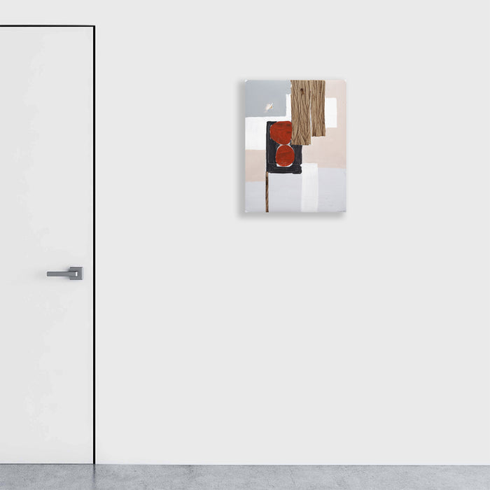 The artwork 'The Other Side of Things #2' by Petra Nimtz features a minimalist abstract collage composition on yupo paper. Geometric blocks in soft beige, crisp white, and muted gray are arranged with a striking rust-red organic form. Textural wood-grain elements add natural contrast to the clean lines and geometric shapes. Acrylic medium creates subtle depth and dimension. By Petra Nimtz.