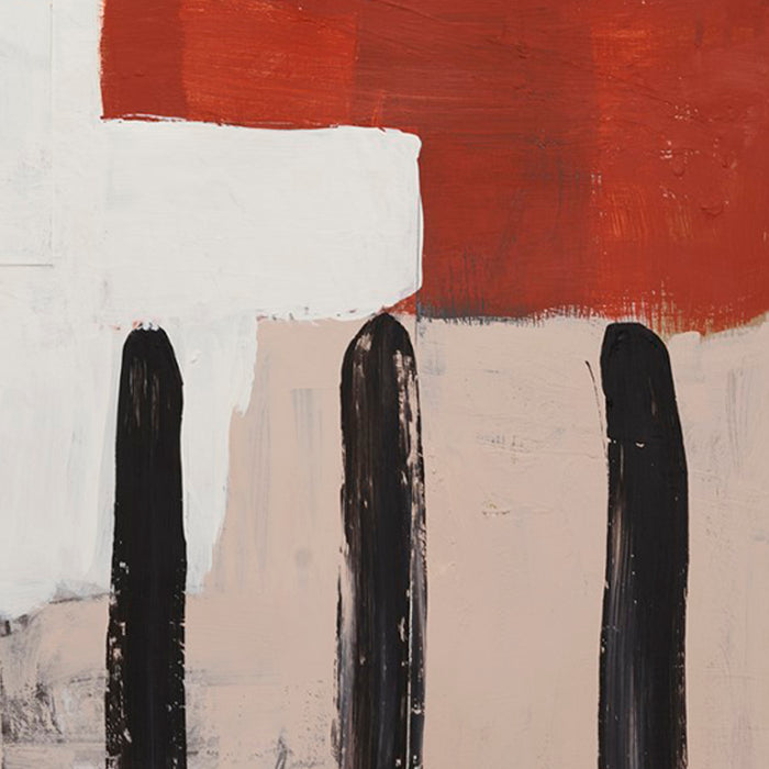 The artwork 'The Other Side of Things #3' by Petra Nimtz features bold abstract composition with vertical black arches against a pale neutral background, contrasted by a striking terracotta red block at the top. The minimalist acrylic collage on yupo showcases textural brushstrokes and geometric forms in a contemporary style. By Petra Nimtz.