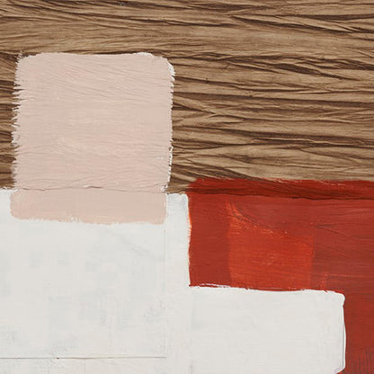 The artwork 'The Other Side of Things #3' by Petra Nimtz features a minimalist abstract composition on yupo paper with bold geometric blocks in contrasting colors - warm terracotta red against crisp white and soft beige tones. The acrylic collage technique creates textural brushstrokes and clean edges between color fields.