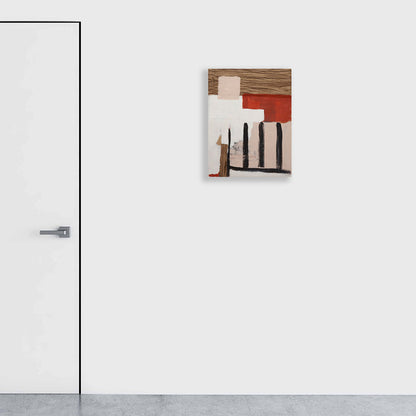 The artwork 'The Other Side of Things #3' by Petra Nimtz features an abstract composition with vertical black lines against a warm palette of rust red, cream, and woodgrain brown. The acrylic collage on yupo paper creates a minimalist architectural impression with geometric shapes and strong linear elements, exhibiting a modern contemporary style at 30x24 inches.
