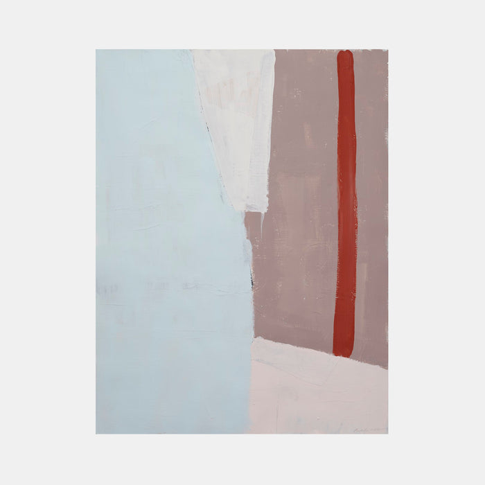 The artwork 'The Other Side of Things #4' by Petra Nimtz features a minimalist abstract composition on yupo paper. Bold geometric shapes in soft pale blue, cream white, and mauve tones are intersected by a striking vertical red line. The acrylic collage technique creates subtle texture variations across the 34x26 inch surface by Petra Nimtz.