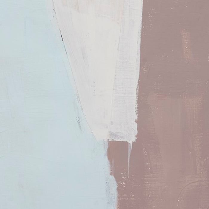 The artwork 'The Other Side of Things #4' by Petra Nimtz features an abstract composition with a striking diagonal divide between soft powder blue and mauve tones, connected by a textured white brushstroke creating depth and movement. Acrylic collage on yupo showcases minimalist color blocking with subtle texture variations.