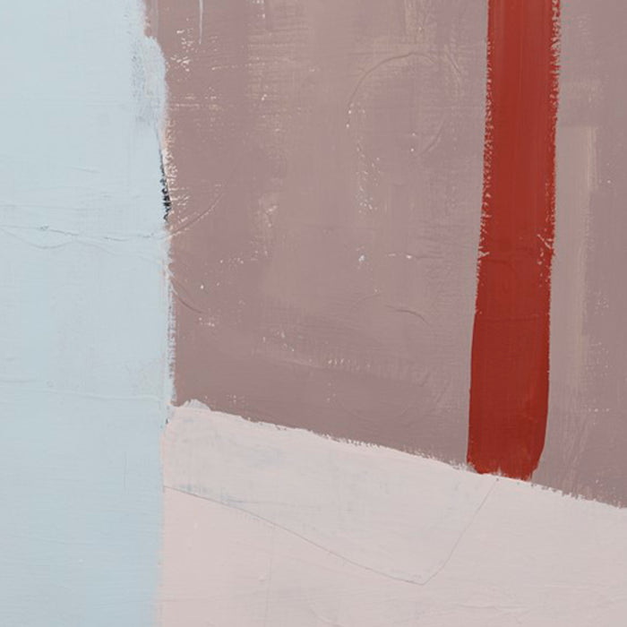 The artwork 'The Other Side of Things #4' by Petra Nimtz features an abstract composition with minimalist geometric shapes. A bold vertical rust-red stripe contrasts against soft mauve and pale blue sections, creating a serene color harmony. The collage on yupo paper shows textural brushstrokes and clean-lined color blocks with subtle tonal variations.