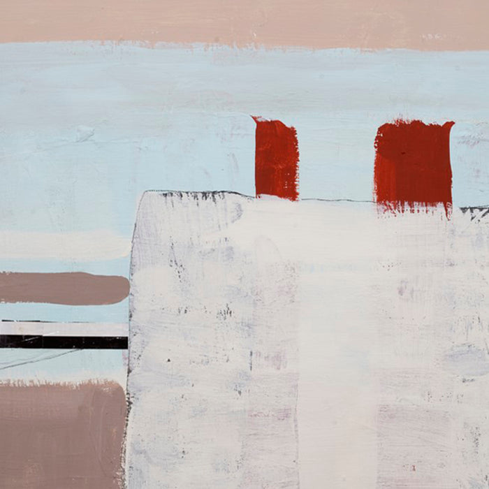 The artwork 'The Other Side of Things #5' by Petra Nimtz features a minimalist abstract composition with bold geometric shapes. Two striking red rectangles contrast against a muted white and pale blue background, while earthy brown tones anchor the lower portion. Created using acrylic collage on yupo, the piece showcases textural brushwork and clean linear elements.
