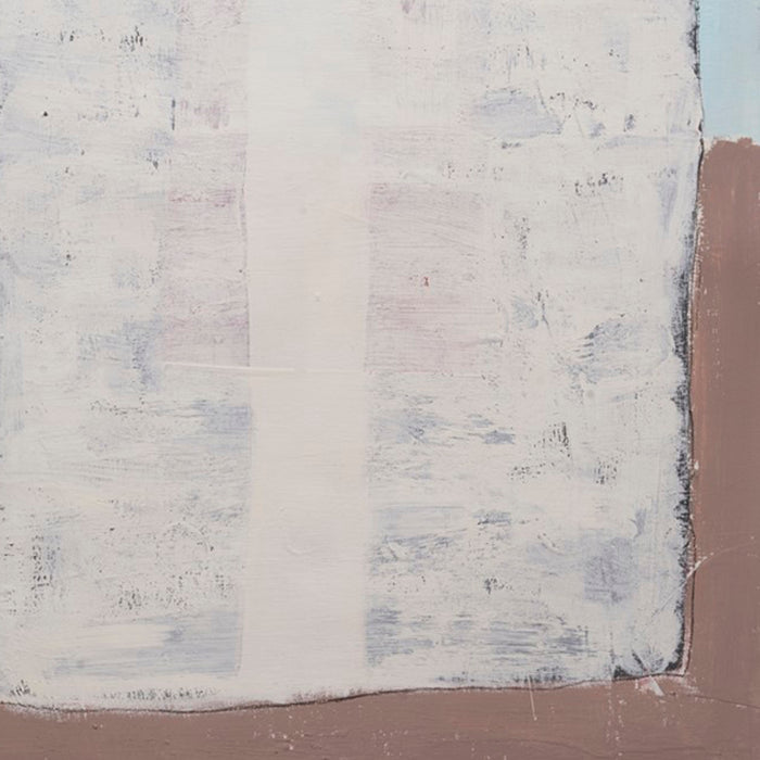The artwork 'The Other Side of Things #5' by Petra Nimtz features a minimalist abstract composition on yupo paper. A dominant white textured panel with subtle blue undertones contrasts against a warm dusty rose background. The acrylic collage technique creates a weathered, layered effect with rough edges and delicate surface variations. By Petra Nimtz.