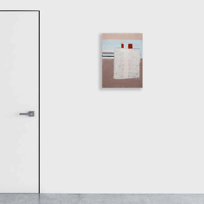 The artwork 'The Other Side of Things #5' by Petra Nimtz features a minimalist composition with layered geometric shapes in muted tones. A large white textured rectangle dominates the center, set against a taupe background with pale blue accents and small red elements. This acrylic collage on yupo paper creates a subtle interplay of texture and form - by Petra Nimtz