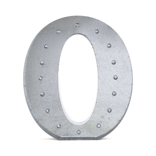 Metal marquee letter "O" with lights on a white background